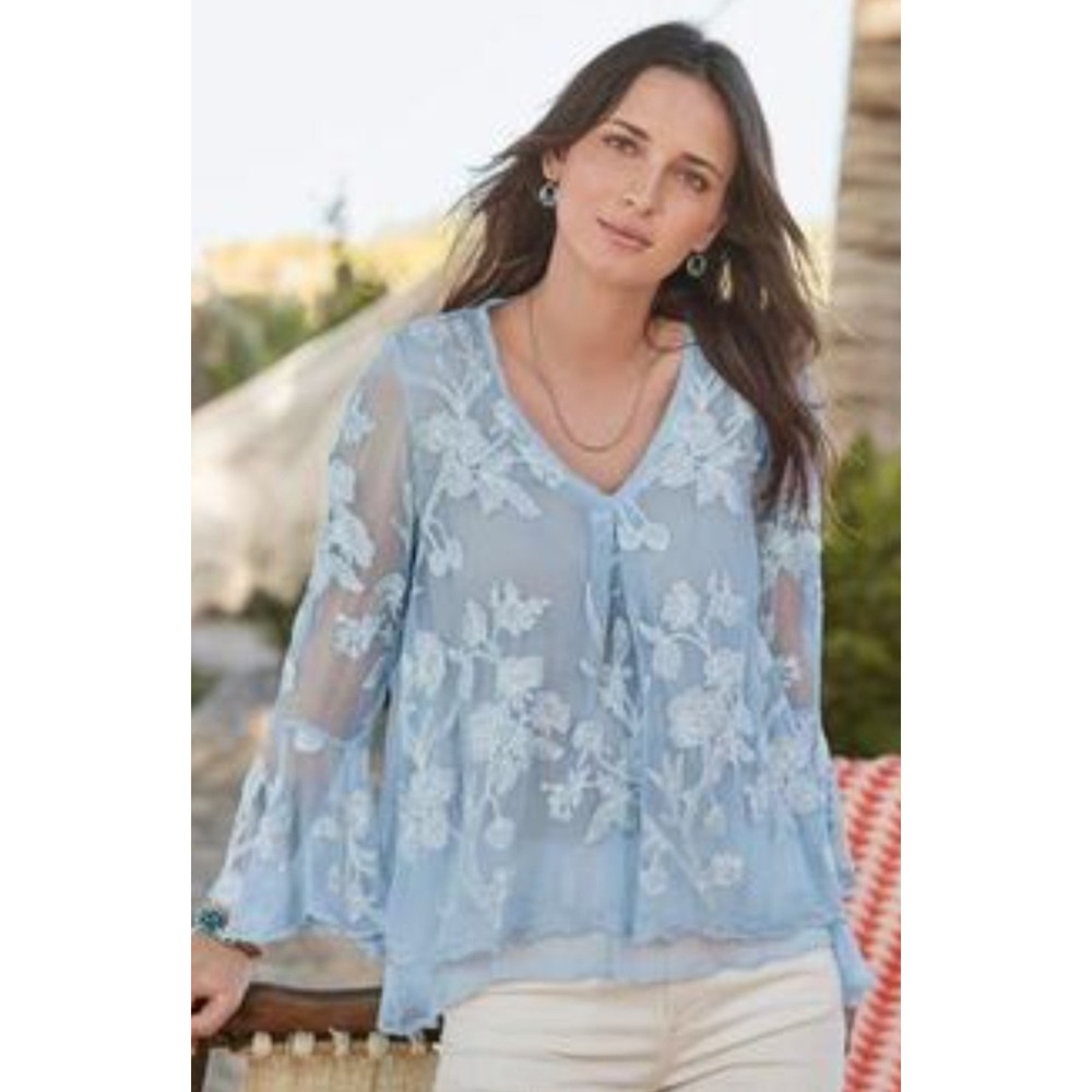 Sundance Light Blue Silk Floral Embroidered V-Neck Bell Sleeve Blouse Top Size M